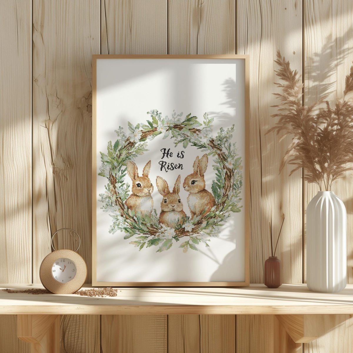 Easter Cross Stitch Pattern With Bunnies Counted He Is Risen Embroidery Pattern Christian Cross Stitch Chart Easter Wreath Cross Stitch Pdf
