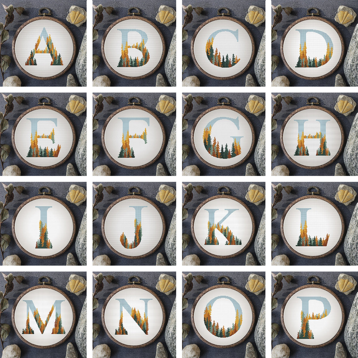 Monogram Cross Stitch Pattern, Custom Name Embroidery Pattern PDF, Counted, Fall Forest, Letter Cross Stitch PDF, Easy Cross Stitch Art