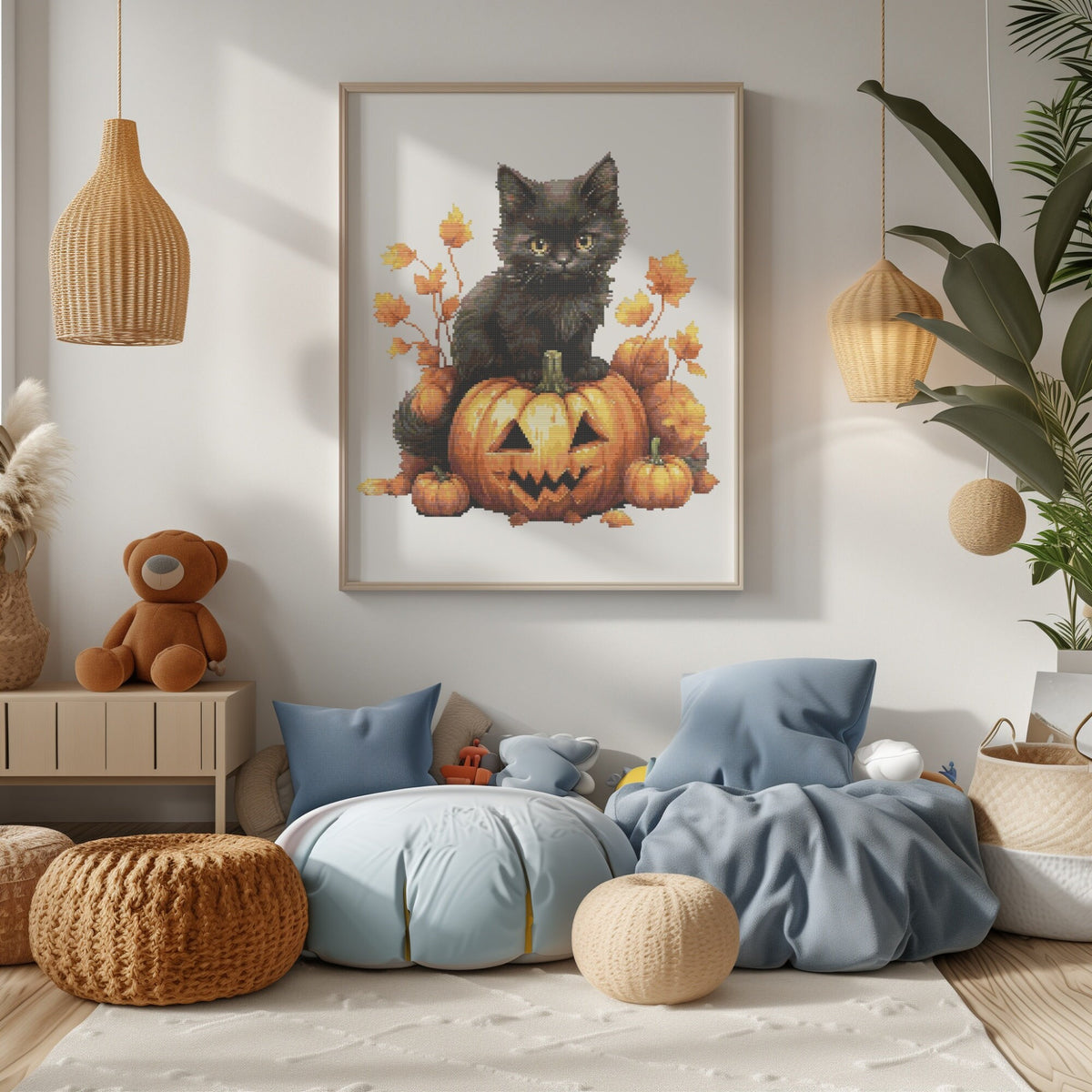Halloween Cross Stitch Pattern With Black Kitten, Counted Embroidery dEsigns, Fall Cross Stitch Chart With Pumpkin, Nursery Cross Stitch Pdf