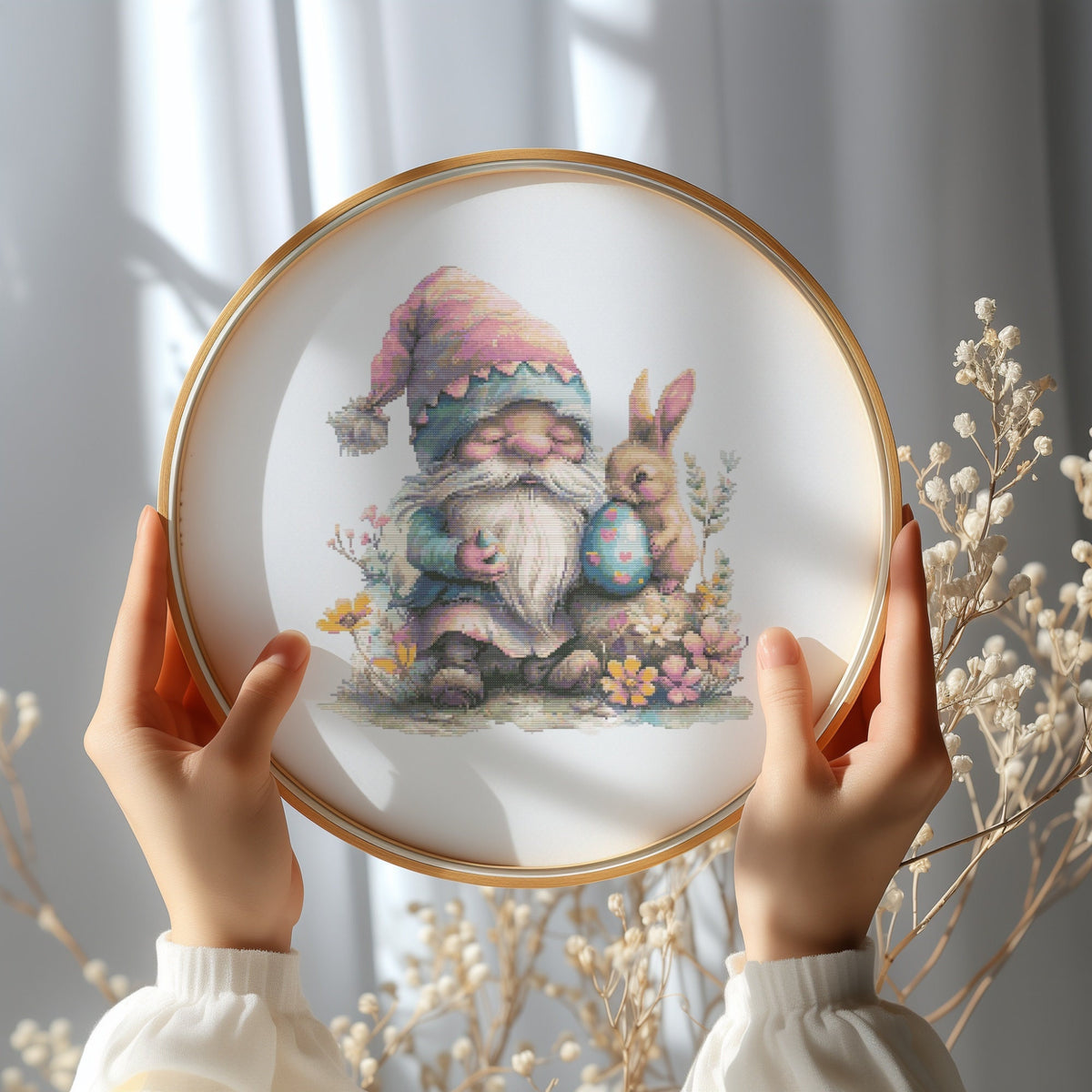 Cross Stitch Pattern With Easter Gnome And Bunny, Floral, Spring Cross Stitch Chart, Easter Embroidery Design, Counted Cross Stitch Pattern