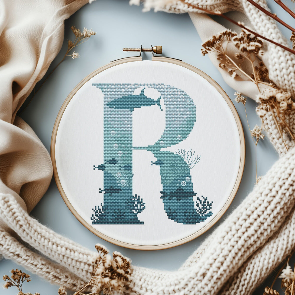 Modern Letter Cross Stitch Pattern, Counted, Family Initials Embroidery Designs, Marine Monogram Cross Stitch Chart, Easy Cross Stitch