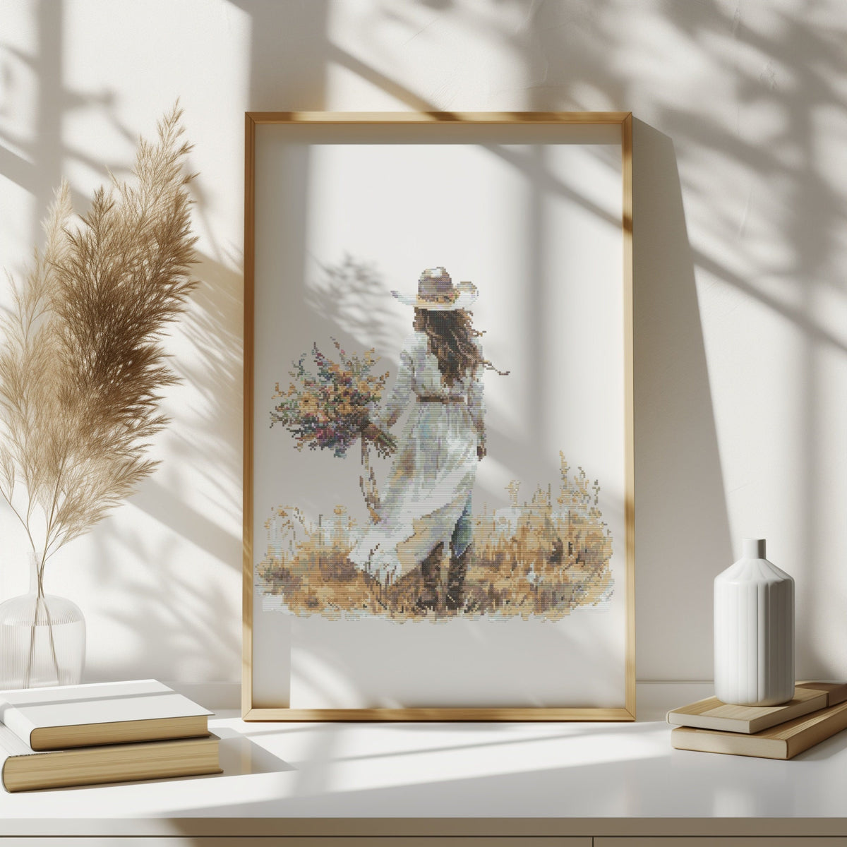 Watercolor Cross Stitch Pattern With Cowgirl Bride Modern Cross Stitch Designs Floral Embroidery Designs Western Cross Stitch Charts