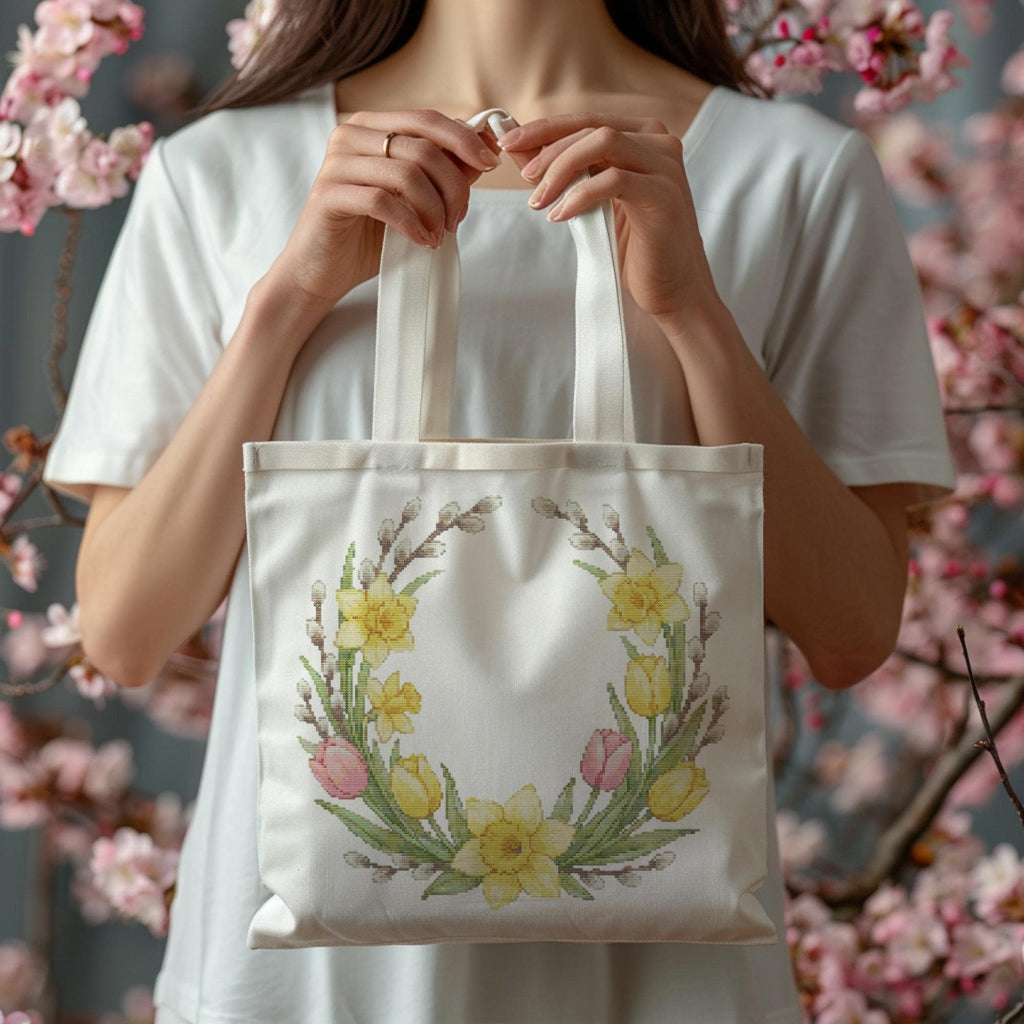 Easter Cross Stitch Pattern PDF With Daddofil, Tulips, Willow, Counted Cross Stitch Chart, Floral Wreath Embroidery Pattern, Easter Gifts