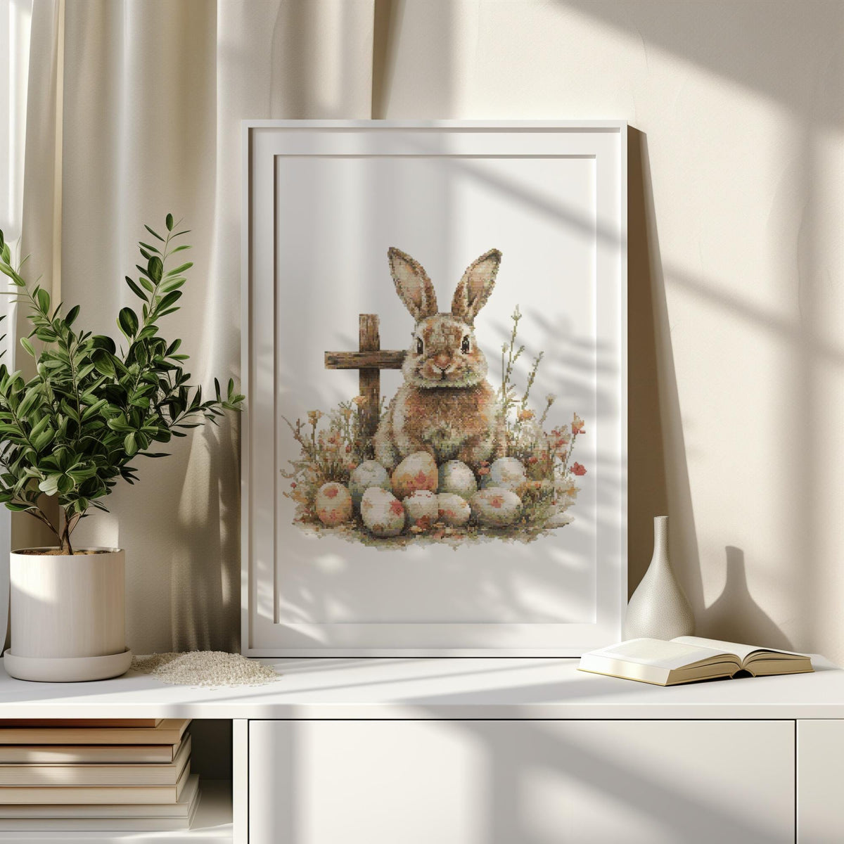 Easter Cross Stitch Pattern With Bunny, Cross Stitch Art, Happy Easter Embroidery PDF, Spring Cross Stitch Chart, Cottagecore Home Decor