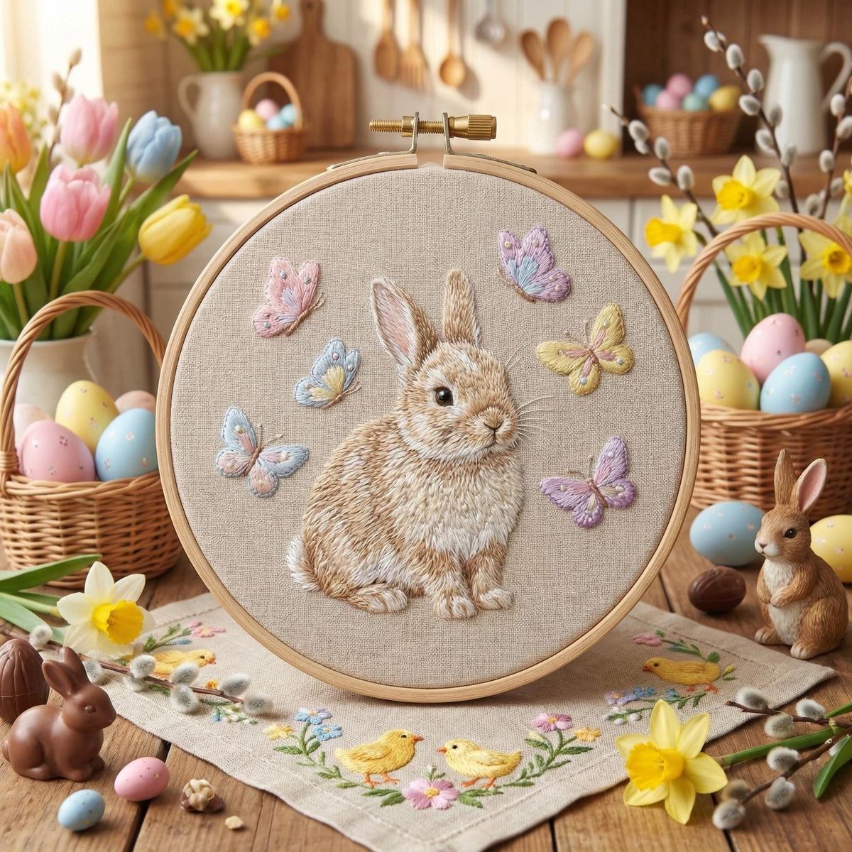 Easter Embroidery Pattern PDF With Bunny, Butterflies, Spring Hand Embroidery Template With Rabbit, Do It Yourself Gifts, Gift For Grandma