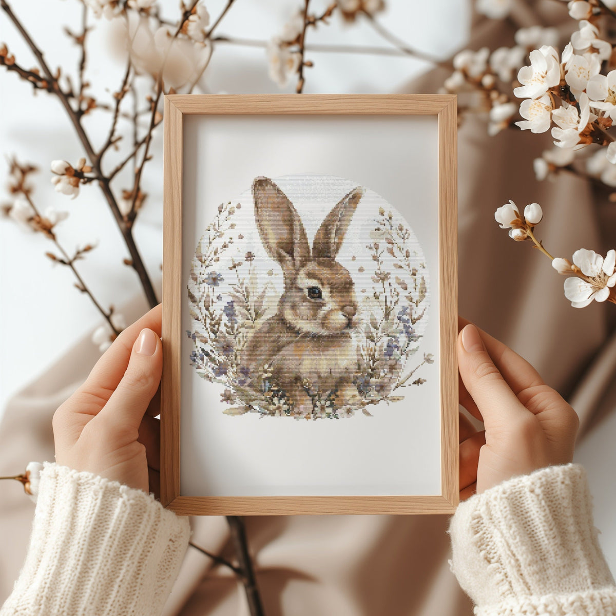 Cross Stitch Pattern With Easter Bunny, Modern Cross Stitch Designs, Easter Embroidery Pattern, Spring Cross Stitch Pattern, Floral Pattern