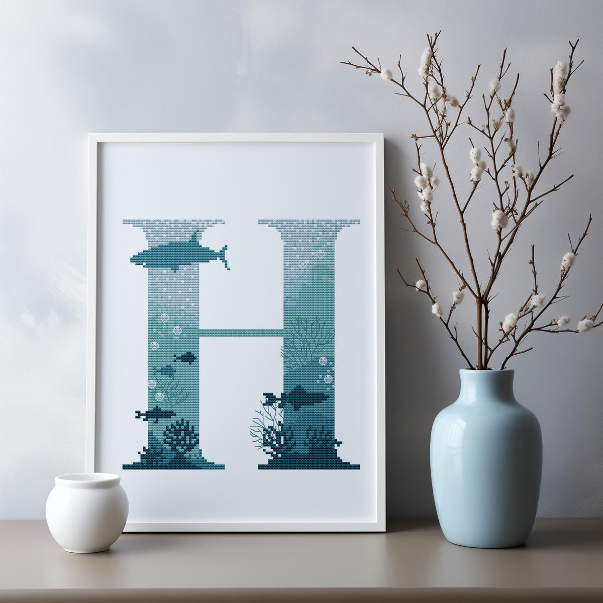 Custom Cross Stitch Pattern, Modern Letter H Cross Stitch PDF, Counted, Initials Embroidery Designs, Marine Monogram Cross Stitch Chart