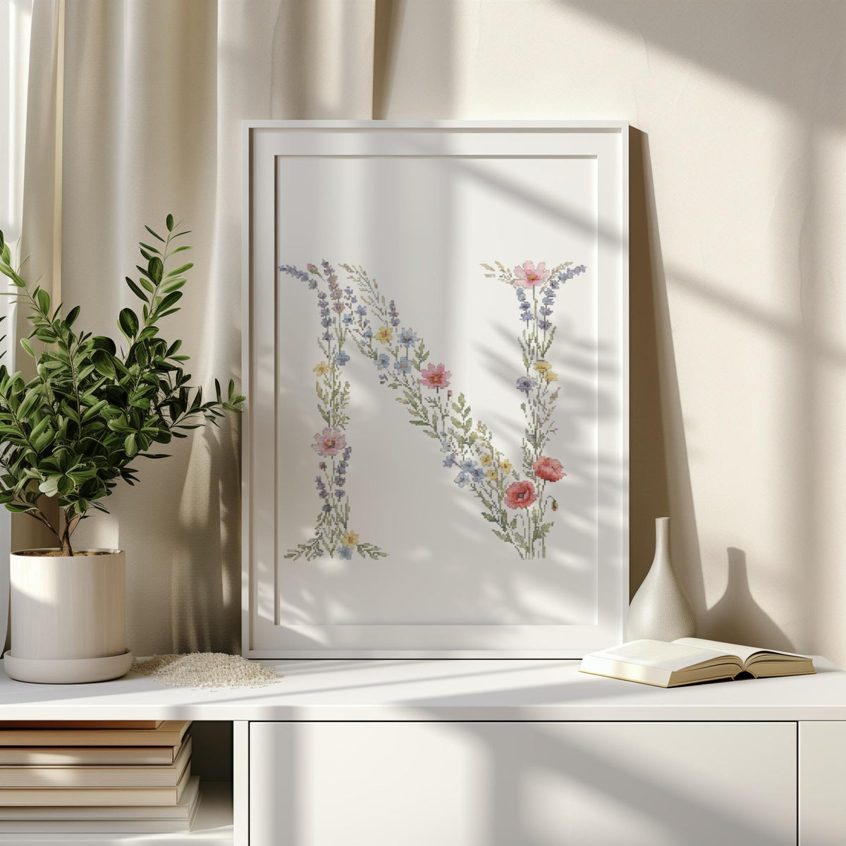 Custom Cross Stitch Pdf, Counted, Floral Letter N Cross Stitch Pattern, Monogram Cross Stitch Chart, Personalized Gifts, Pattern Keeper