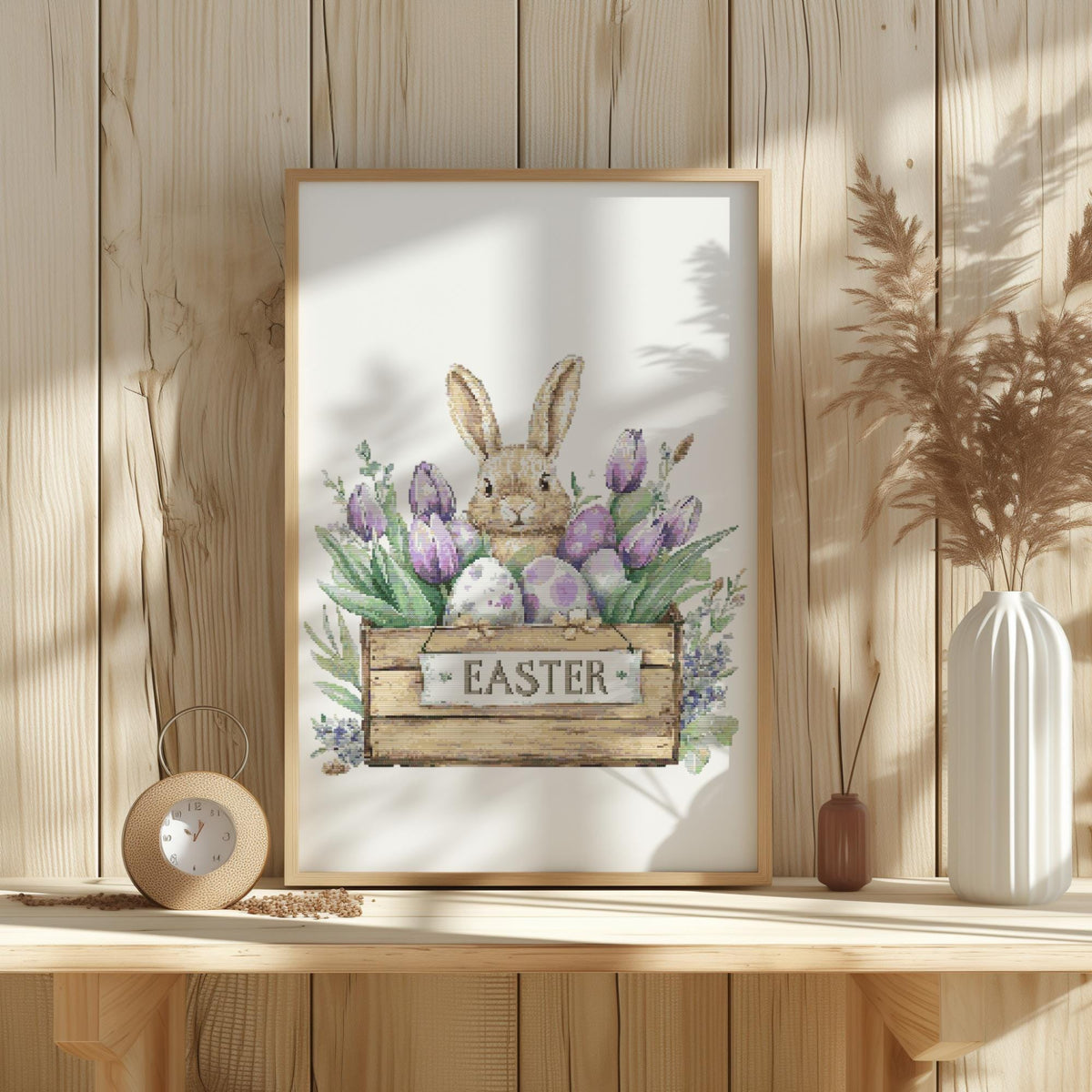 Cross Stitch Pattern With Easter Bunny, Modern Cross Stitch Designs, Easter Embroidery Pattern, Spring Cross Stitch Pattern, Floral Pattern