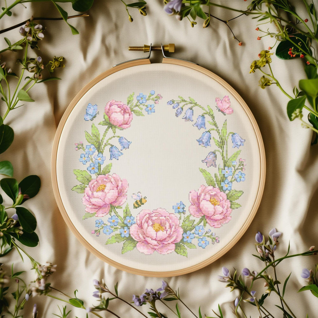 Cross Stitch Pattern PDF With Floral Wreath, Counted Embroidery Pattern, Watercolor Flower Cross Stitch Chart, Unique Mother's Day Gifts