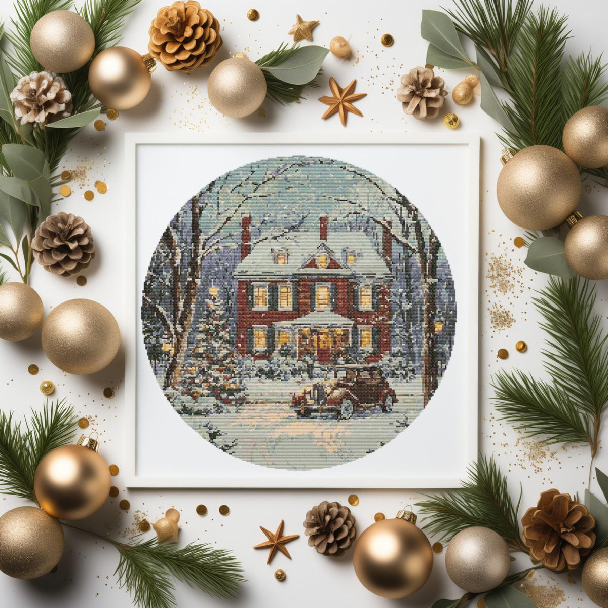 Winter Cross Stitch Pattern With Retro Car, Cozy Winter Embroidery Pattern PDF, Counted Cross Stitch Charts, Compatible With Pattern Keeper