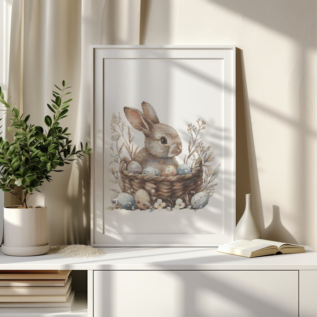 Cross Stitch Pattern With Easter Bunny, Modern Cross Stitch Designs, Easter Embroidery Pattern, Spring Cross Stitch Pattern, Floral Pattern