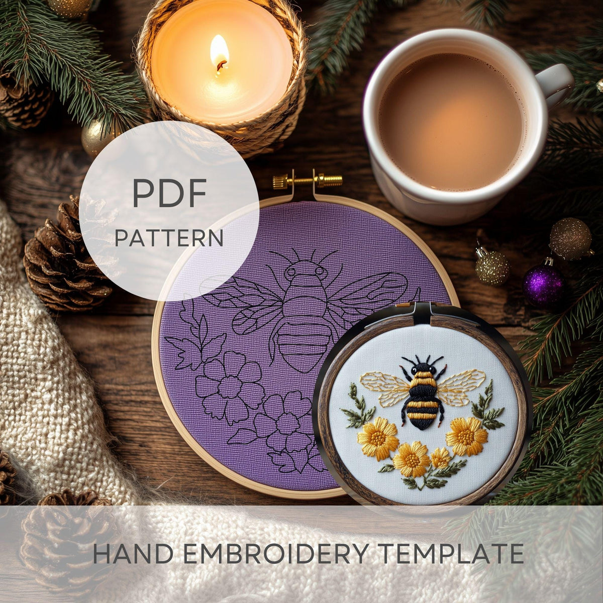 Bee Embroidery Pattern PDF With Flowers, Hand Embroidery Pattern For Beginners, Floral Embroidery Design, Cottagecore Decor, Bee Keeper Gift