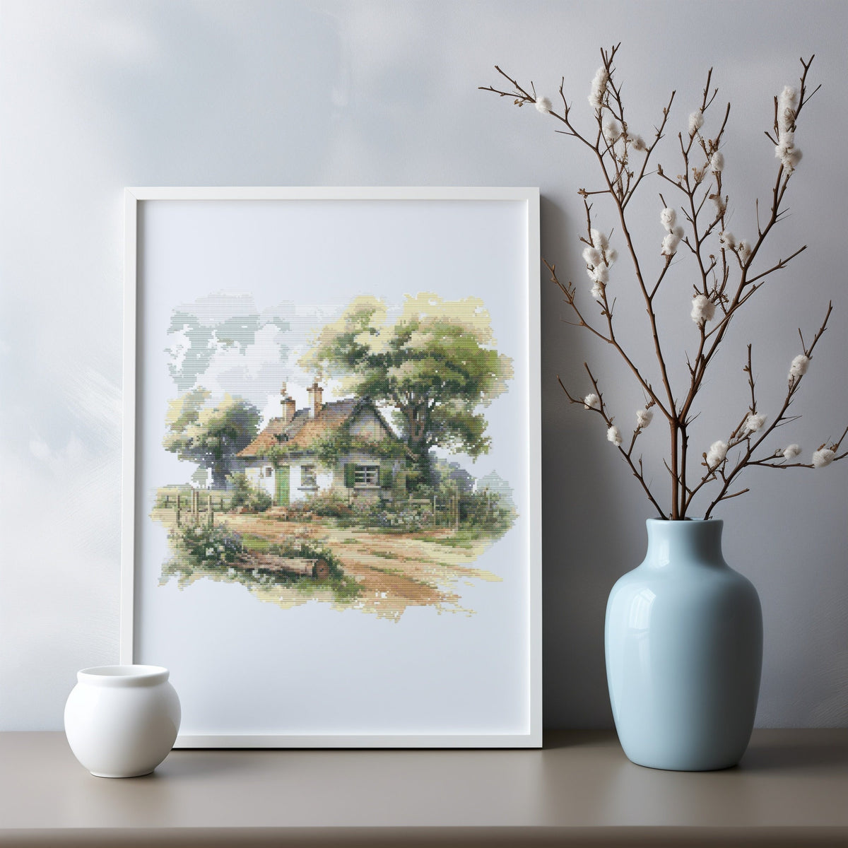 Cross Stitch Pattern With Country Cottage, Rustic Landscape Cross Stitch Designs, Country Embroidery Pattern, Counted Cross Stitch Sampler