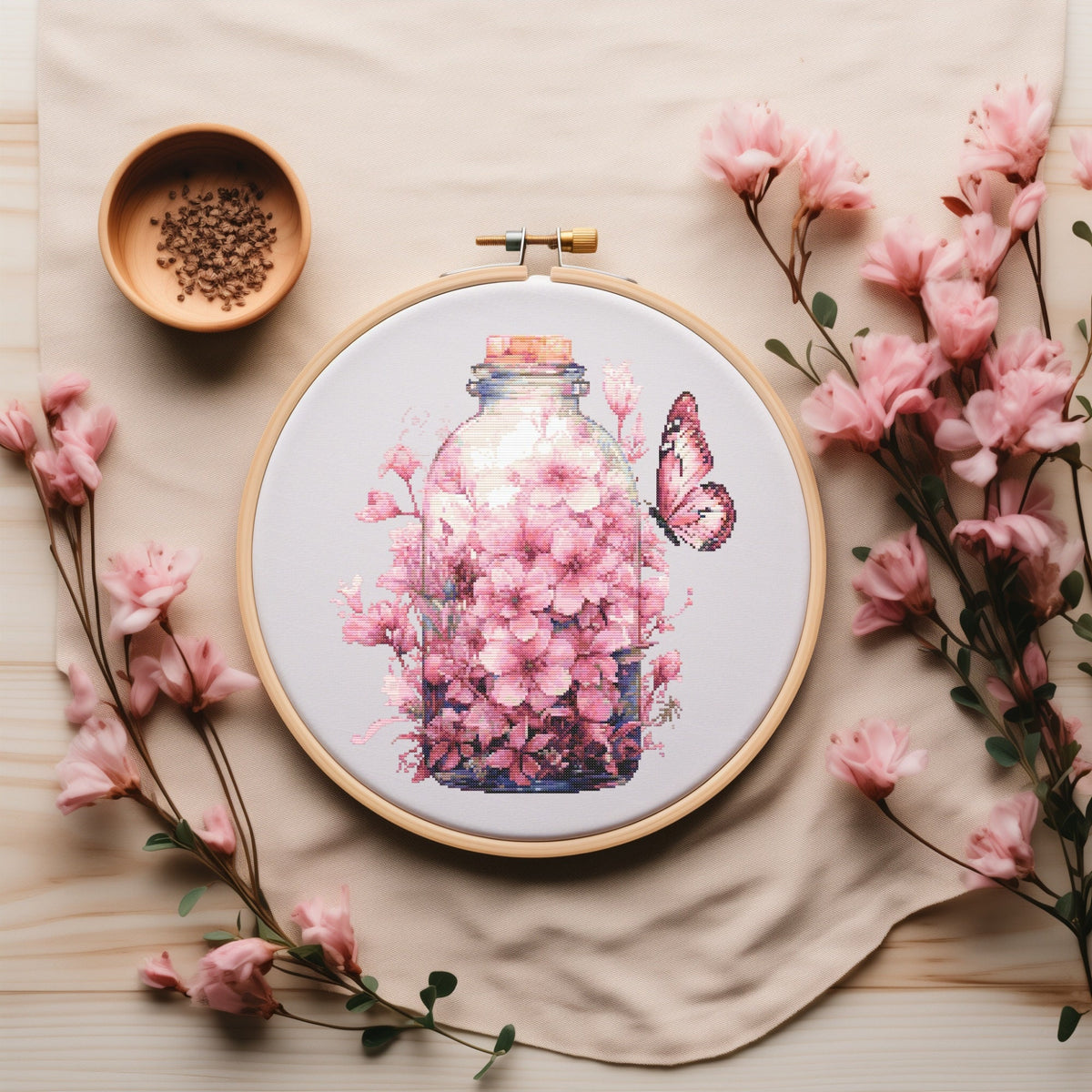 Cross Stitch Pattern With Butterflies, Counted Embroidery Pattern, Pink Flower Bouquet Cross Stitch Chart, Mother's Day Cross Stitch Pdf
