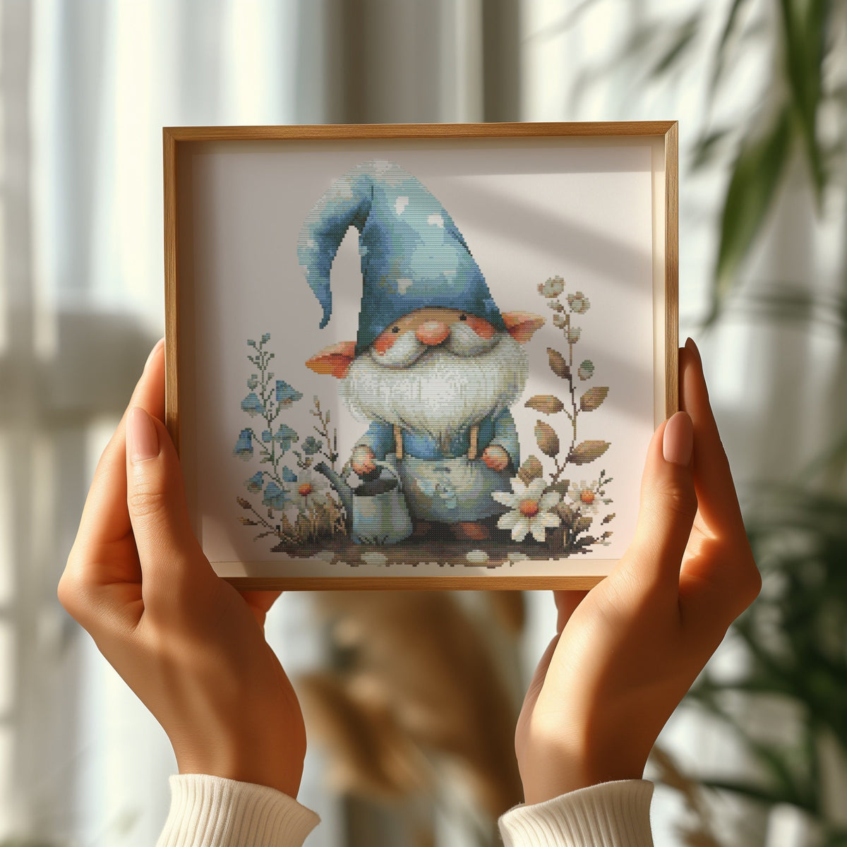 Cross Stitch Pattern With Gnome, Counted, Spring Embroidery Design, Garden Cross Stitch Chart With Blue Flowers, Simple Cross Stitch Sampler
