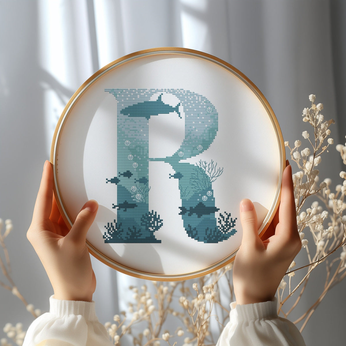 Modern Letter Cross Stitch Pattern, Counted, Family Initials Embroidery Designs, Marine Monogram Cross Stitch Chart, Easy Cross Stitch