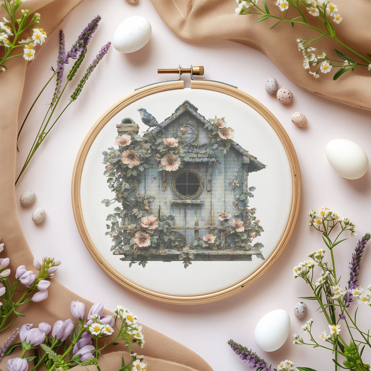 Spring Cross Stitch Pattern Pdf With Birdhouse, Vintage Cross Stitch Designs With Flowers, Bird Embroidery Pattern, Cross Stitch Art Counted