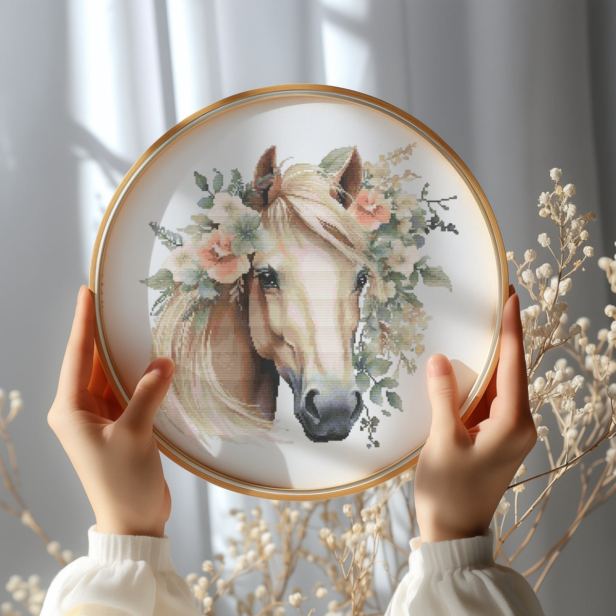 Horse Cross Stitch Pattern, Floral Cross Stitch Design, Counted Cross Stitch Chart, Animal Embroidery Pattern, Horse Lover Gifts