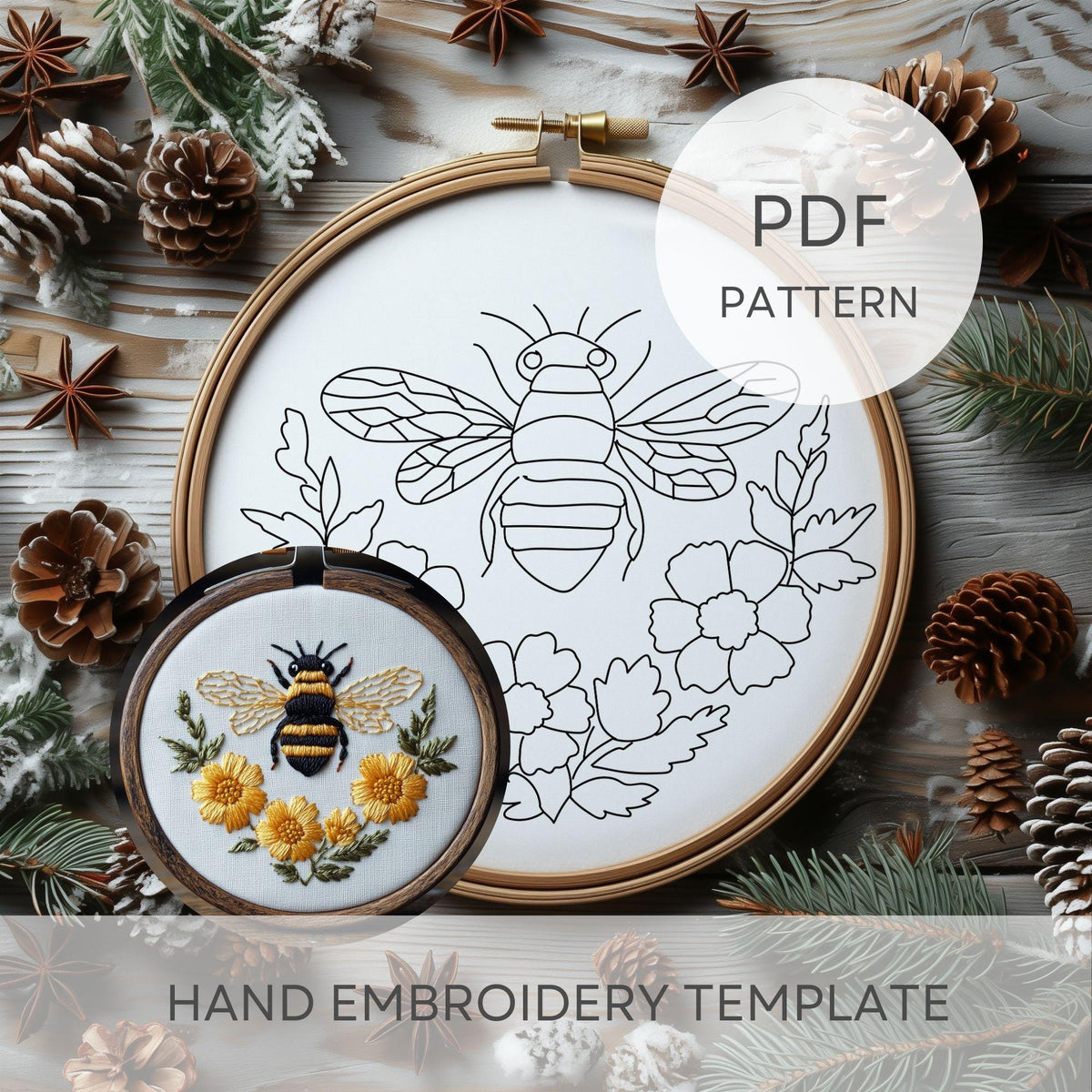 Bee Embroidery Pattern PDF With Flowers, Hand Embroidery Pattern For Beginners, Floral Embroidery Design, Cottagecore Decor, Bee Keeper Gift
