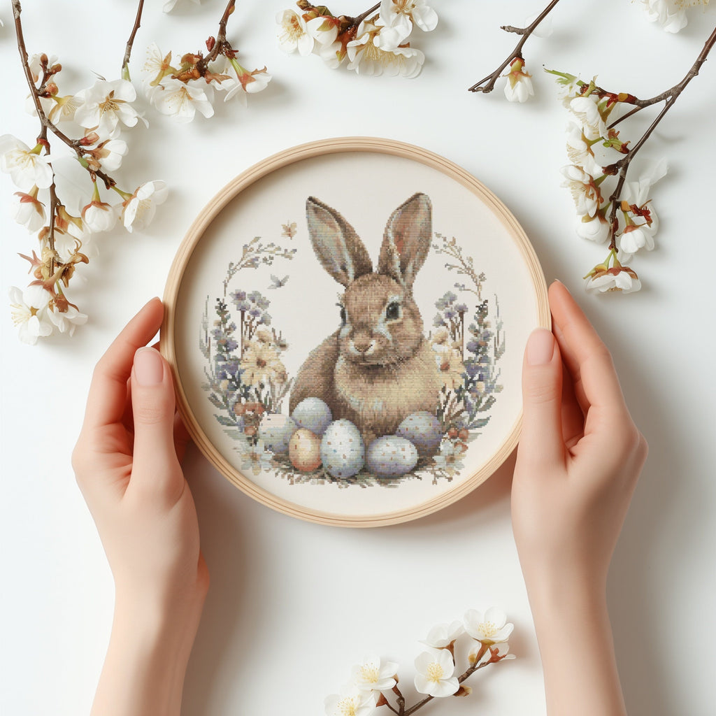 Cross Stitch Pattern With Easter Bunny, Spring Cross Stitch PDF, Modern Cross Stitch Designs, Easter Embroidery Pattern, Floral Pattern