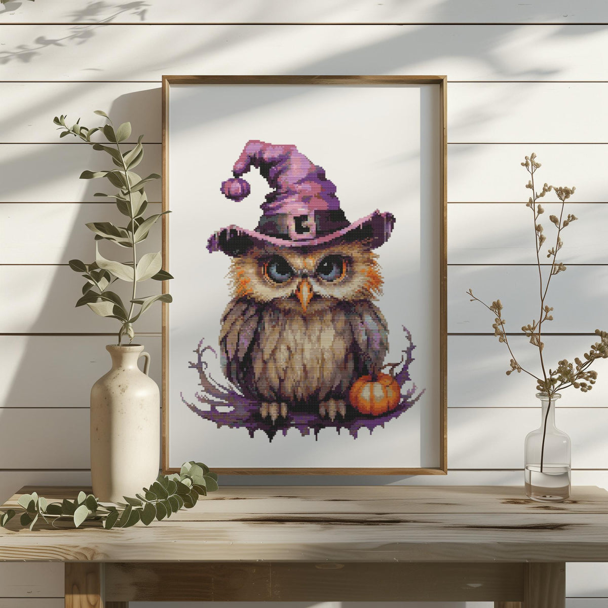 Halloween Cross Stitch Pattern With Cute Owl, Counted, Fall Cross Stitch Designs, Autumn Cross Stitch Chart, Nature Embroidery Pattern