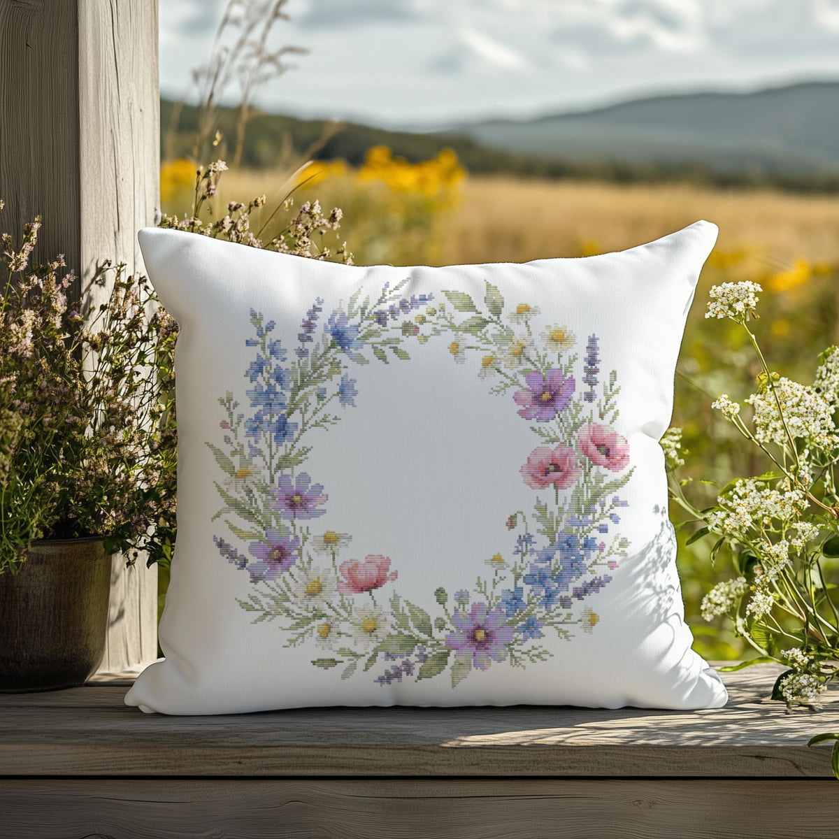 Cross Stitch Pattern PDF With Floral Wreath, Counted Embroidery Pattern, Watercolor Cross Stitch Chart, Unique Mother's Day Gifts