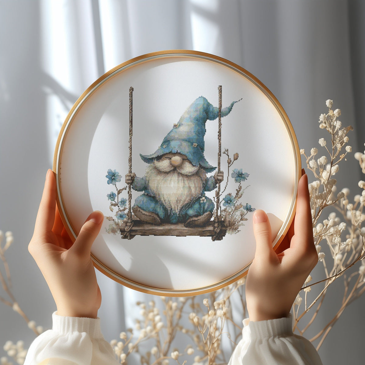 Cross Stitch Pattern With Gnome, Modern Cross Stitch Chart With Blue Flowers, Counted, Mother's Day Embroidery Pattern, Instant Downloads