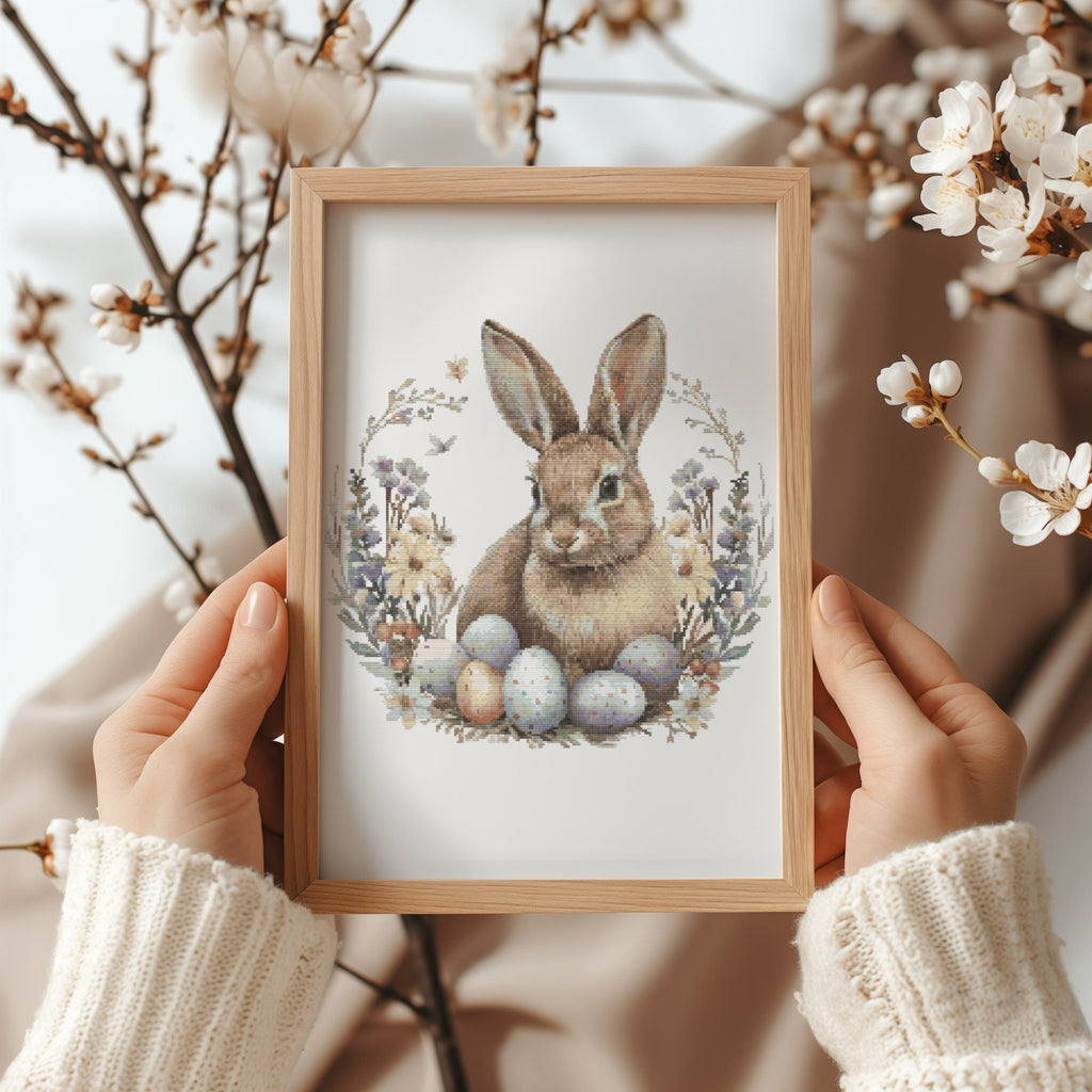 Cross Stitch Pattern With Easter Bunny, Spring Cross Stitch PDF, Modern Cross Stitch Designs, Easter Embroidery Pattern, Floral Pattern