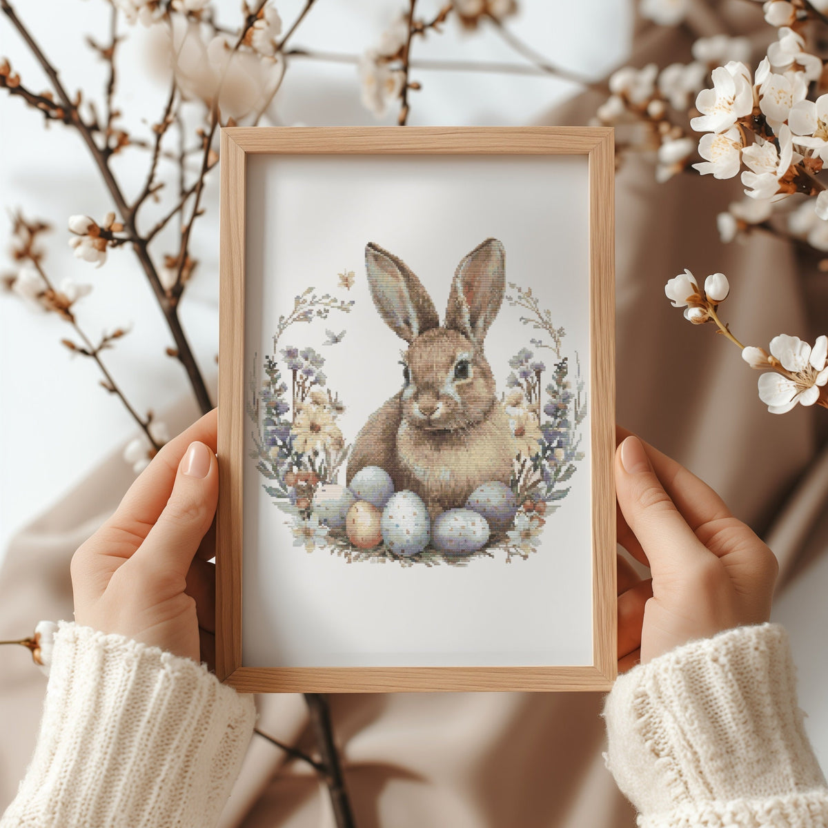 Cross Stitch Pattern With Easter Bunny, Spring Cross Stitch PDF, Modern Cross Stitch Designs, Easter Embroidery Pattern, Floral Pattern