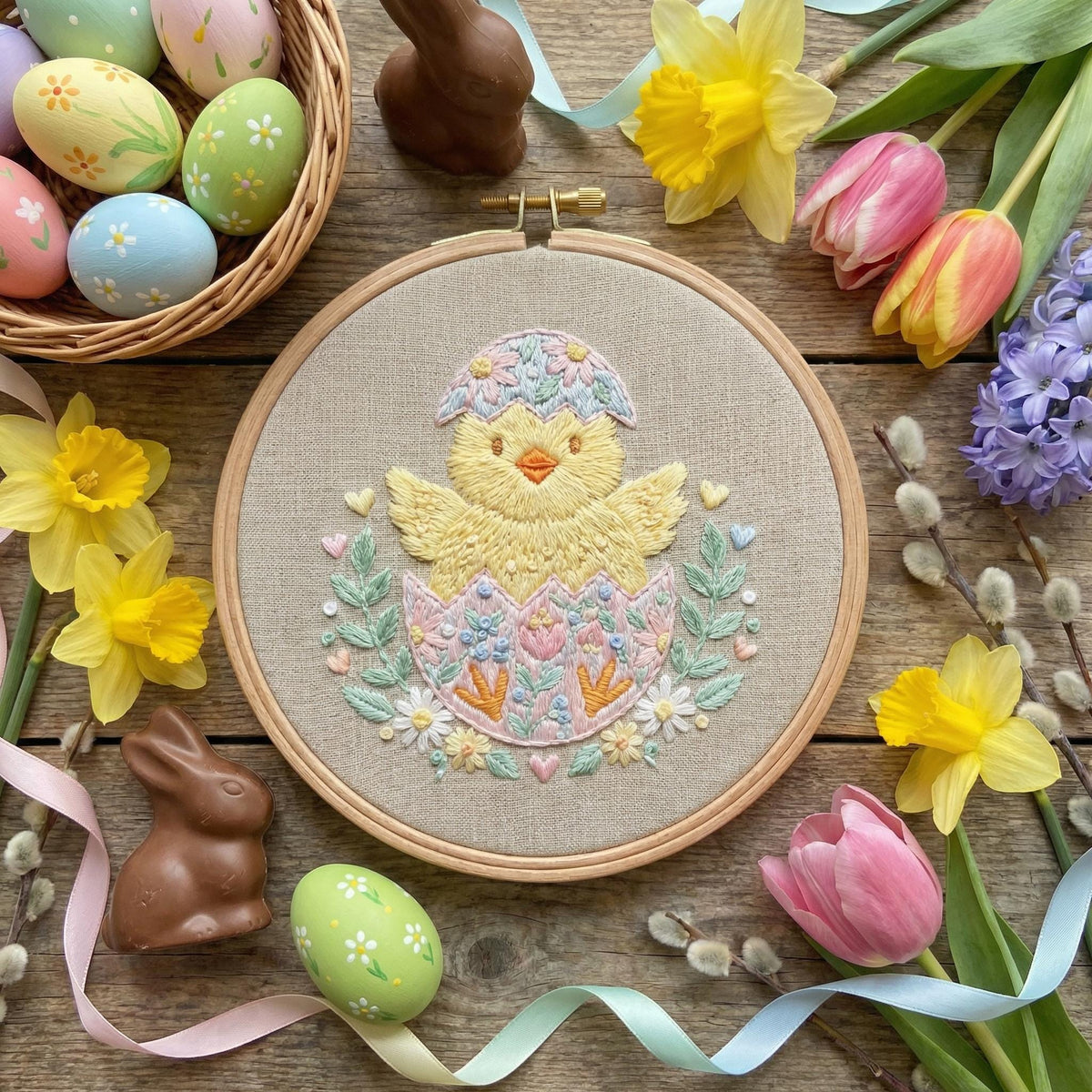 Easter Embroidery Pattern PDF With Chick, Spring Hand Embroidery Template With Instructions, Do It Yourself Gift, Happy Easter Gift For Mom