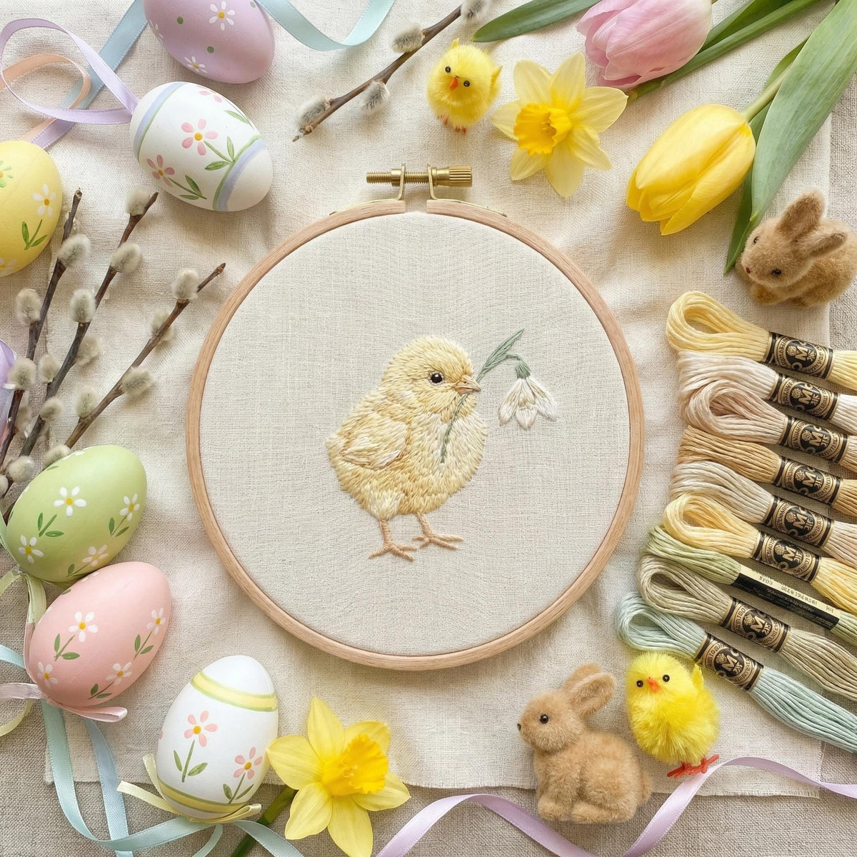 Easter Embroidery Pattern PDF With Cute Chick, Spring Hand Embroidery Template, Do It Yourself Gifts, Cottagecore Decor, Happy Easter Gift