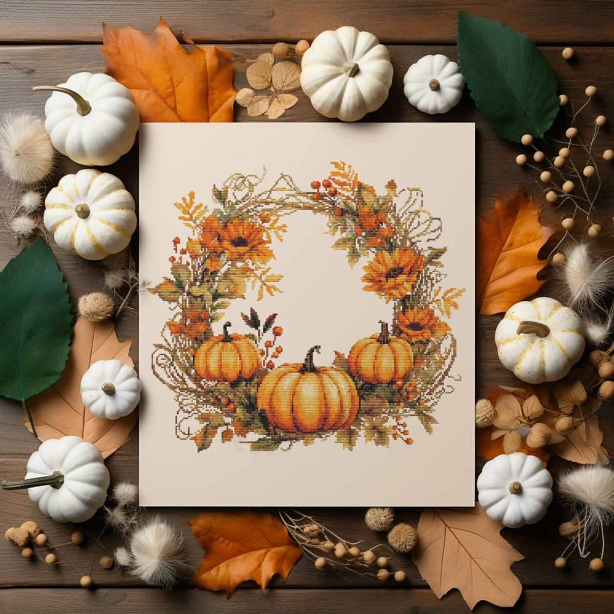 Fall Cross Stitch Patterns With Pumpkins, Counted, Autumn Embroidery Designs, Floral Wreath Cross Stitch Chart, Modern Cross Stitch Art