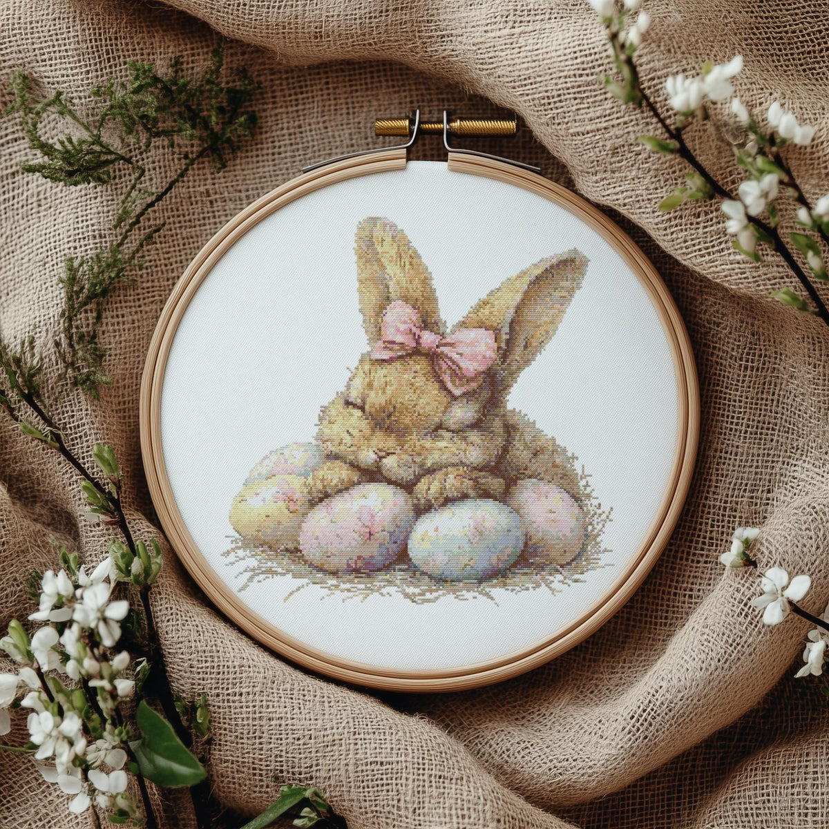 Easter Cross Stitch Pattern With Cute Rabbit, Counted Cross Stitch Designs, Hare Embroidery Pattern, Spring Cottagecore Home Decor
