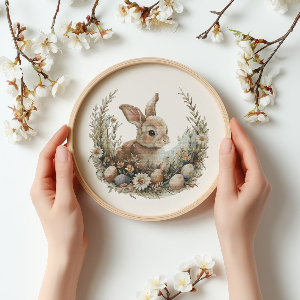 Cross Stitch Pattern With Easter Bunny, Modern Cross Stitch Designs, Easter Embroidery Pattern, Spring Cross Stitch Pattern, Floral Pattern