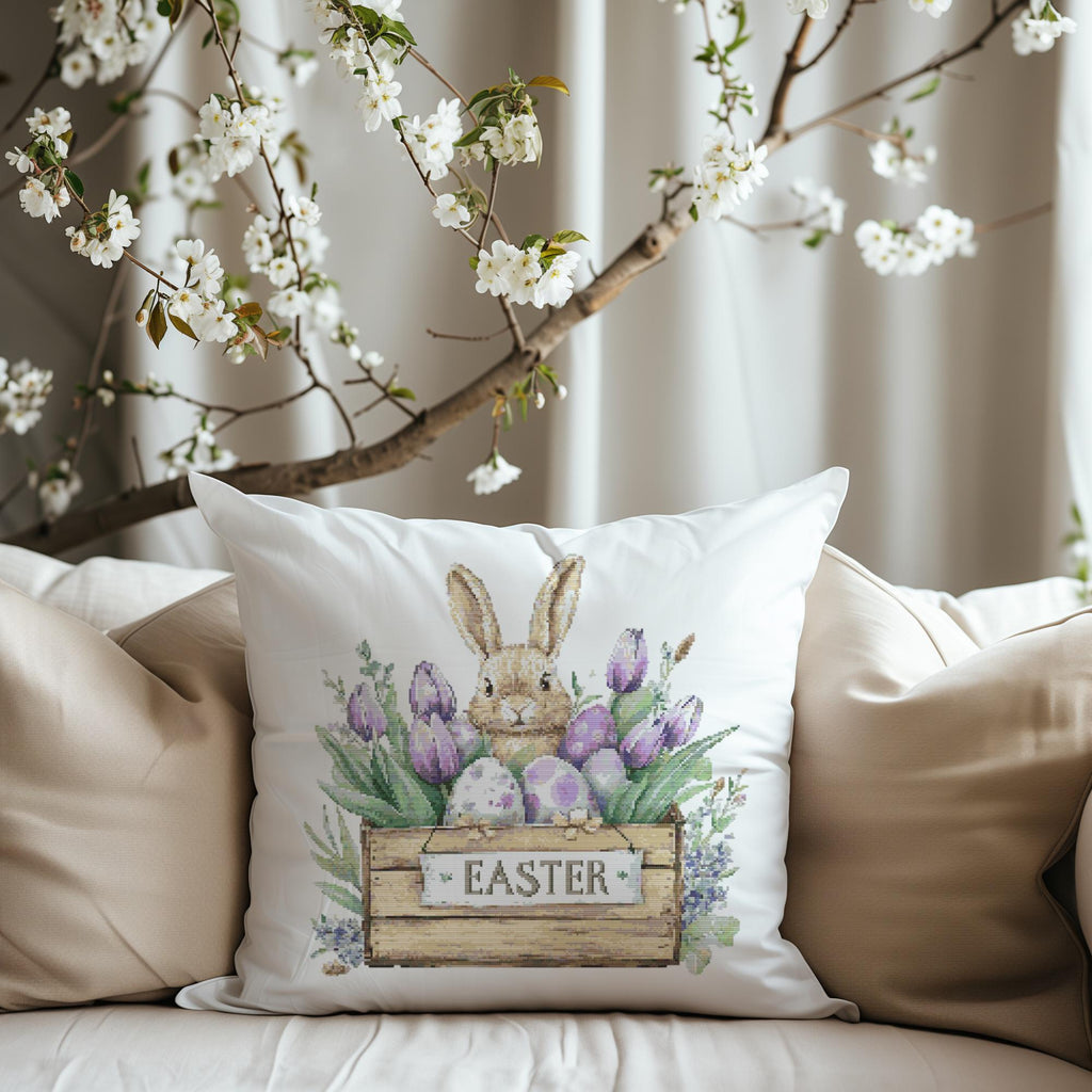Cross Stitch Pattern With Easter Bunny, Modern Cross Stitch Designs, Easter Embroidery Pattern, Spring Cross Stitch Pattern, Floral Pattern