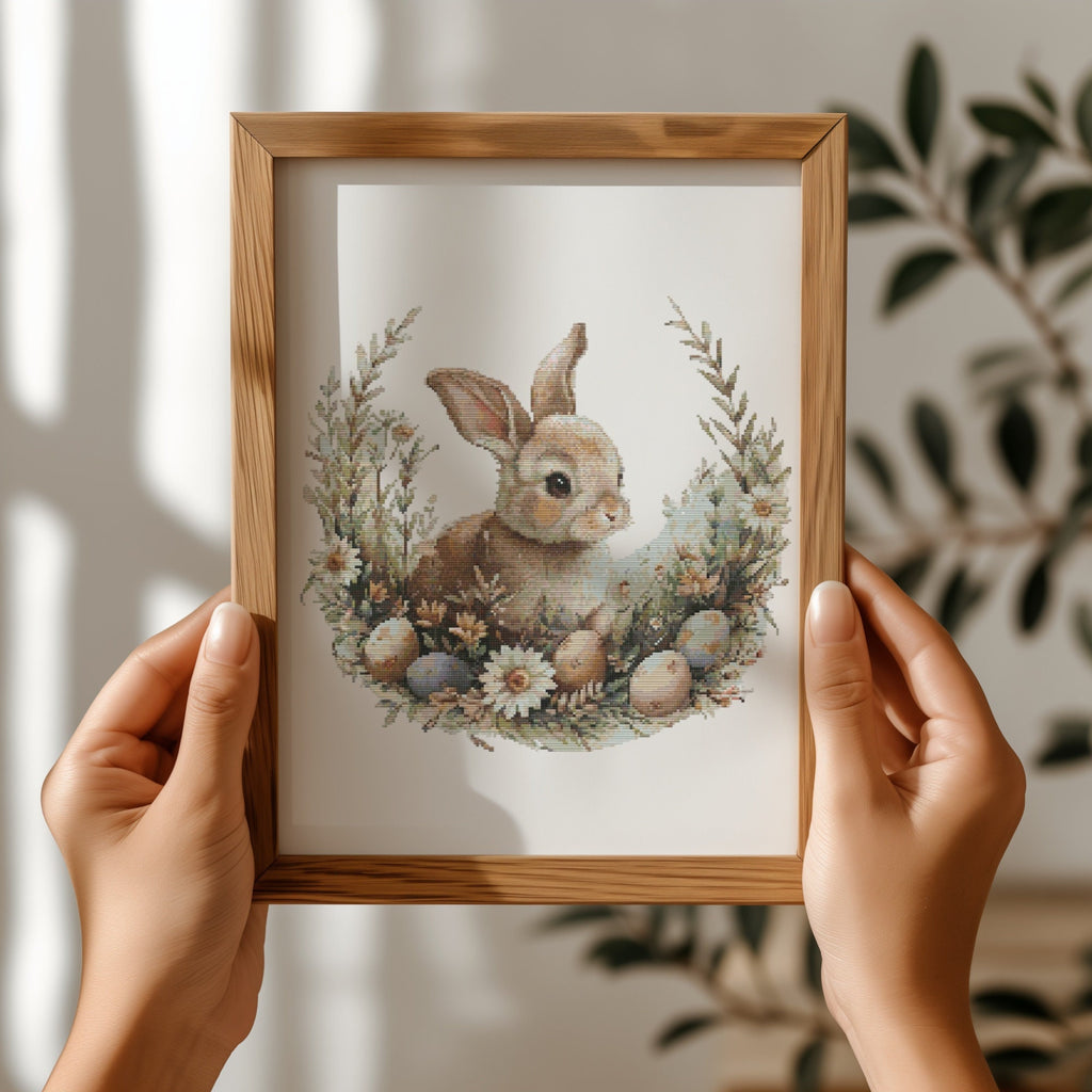 Cross Stitch Pattern With Easter Bunny, Modern Cross Stitch Designs, Easter Embroidery Pattern, Spring Cross Stitch Pattern, Floral Pattern