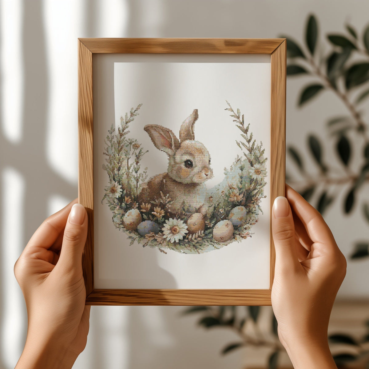 Cross Stitch Pattern With Easter Bunny, Modern Cross Stitch Designs, Easter Embroidery Pattern, Spring Cross Stitch Pattern, Floral Pattern