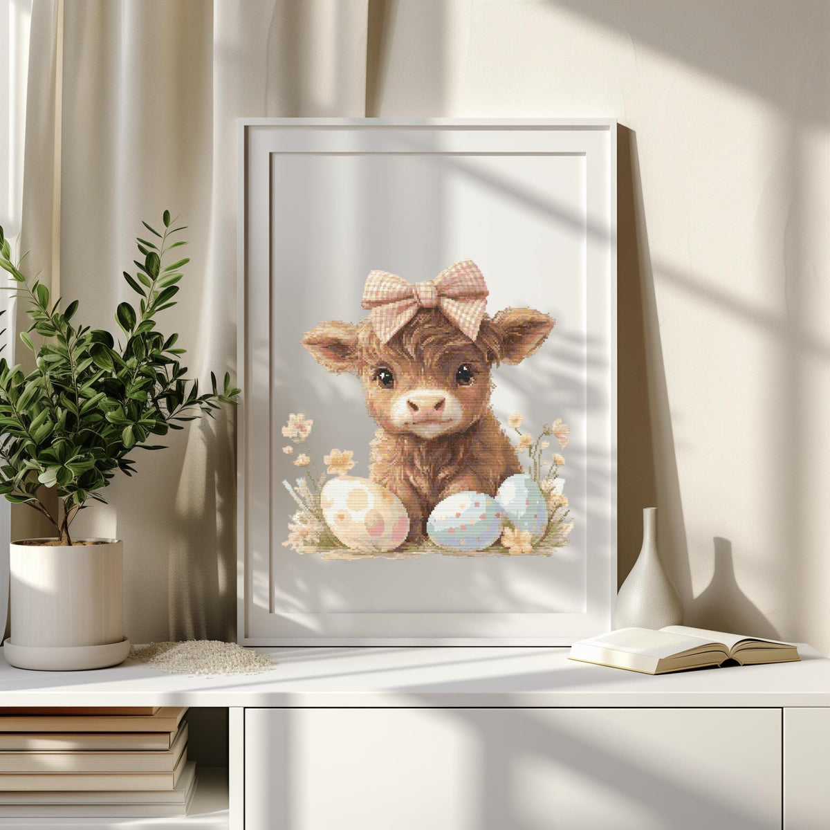 Easter Cross Stitch Pattern With Highland Cow Cottagecore Cross Stitch Design Happy Easter Embroidery Pattern PDF Spring Cross Stitch Chart