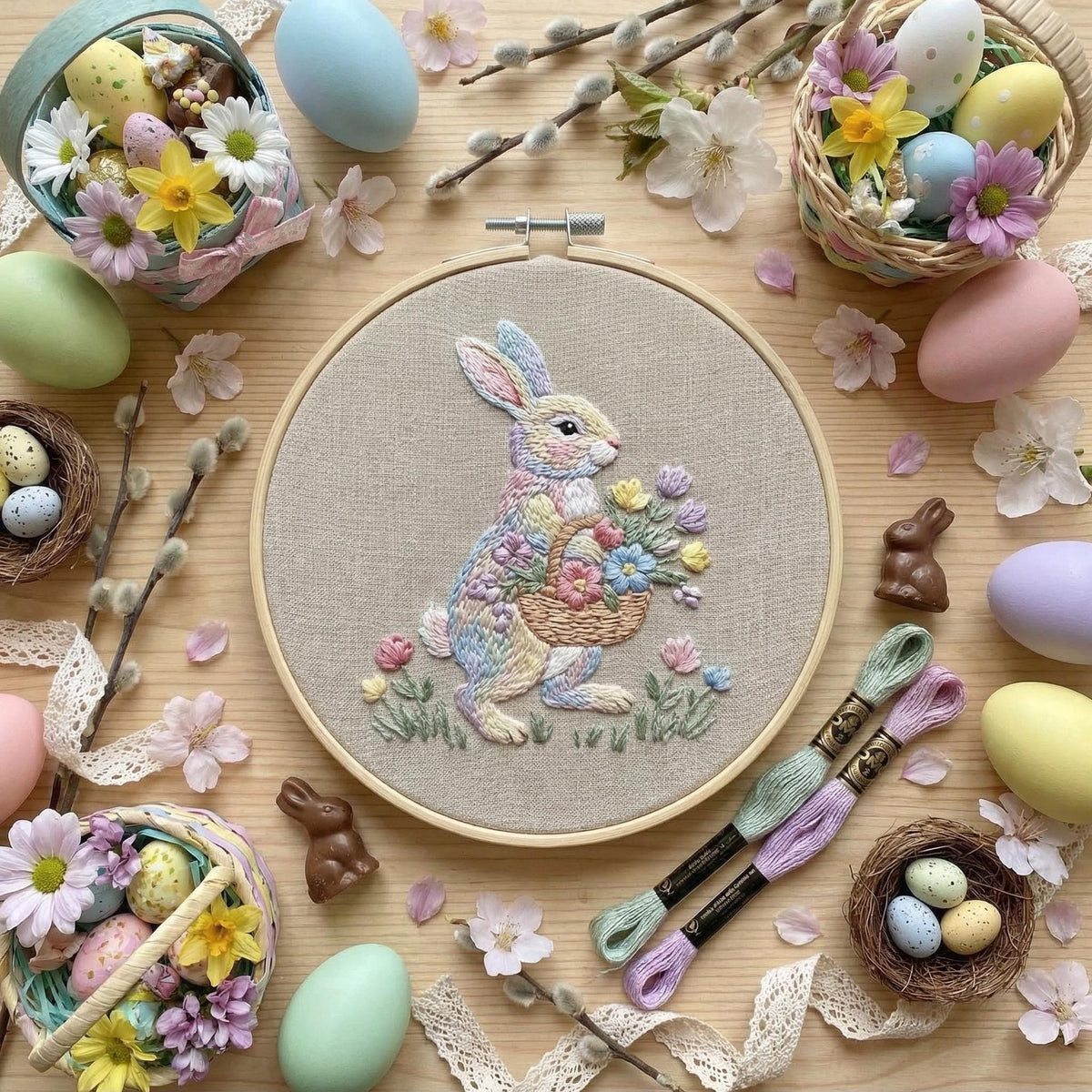 Spring Embroidery Pattern PDF With Bunny, Easter Hand Embroidery Template With Rabbit, Do It Yourself Gifts, Happy Easter Gift For Grandma