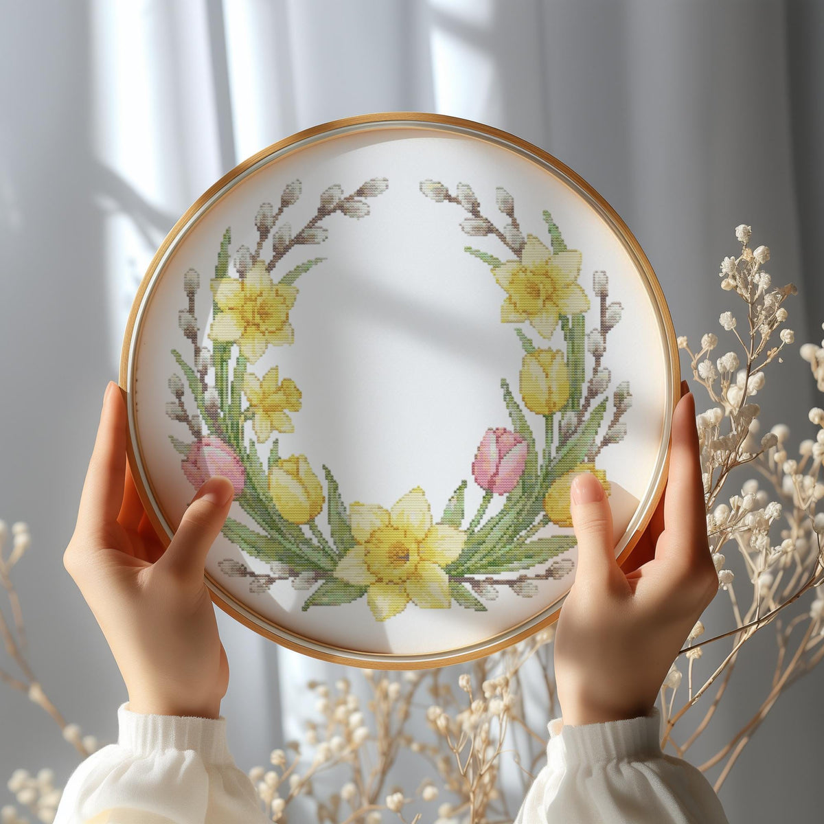 Easter Cross Stitch Pattern PDF With Daddofil, Tulips, Willow, Counted Cross Stitch Chart, Floral Wreath Embroidery Pattern, Easter Gifts