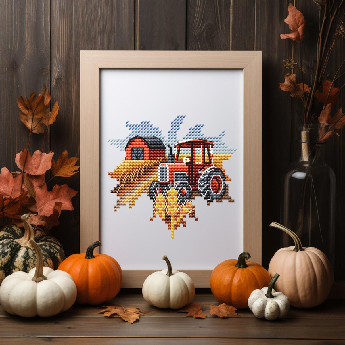 Fall Cross Stitch Pattern, Small Embroidery Pattern, Counted, Cottagecore Cross Stitch Pattern With Farm Tractor, Autumn Cross Stitch Pdf