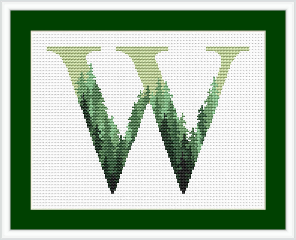 Personalised Cross Stitch Pattern PDF With Letter W, Green Forest Name Embroidery Pattern, Counted, Modern Monogram Cross Stitch Pdf