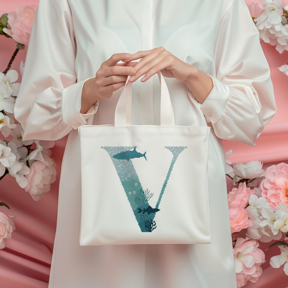 Custom Cross Stitch Pattern With Letter V, Counted, Name Embroidery Designs, Marine Monogram Cross Stitch Chart, Personal Mother Gifts