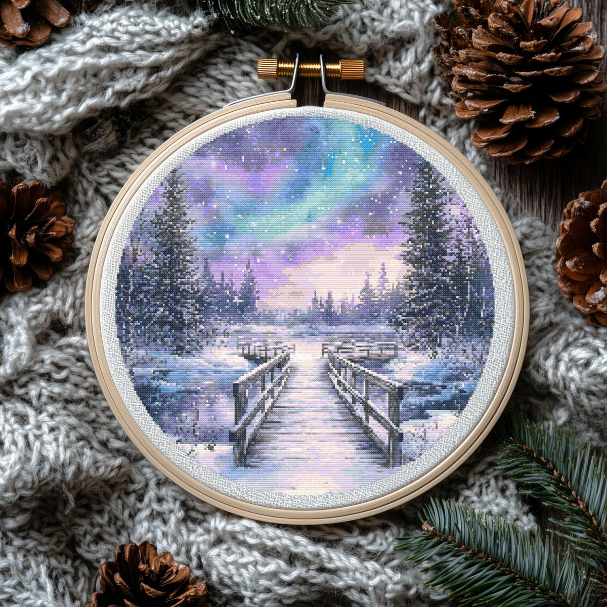 Cross Stitch Pattern With Northern Lights, Nature Cross Stitch Art, Winter Embroidery Template, Counted, Compatible With Pattern Keeper