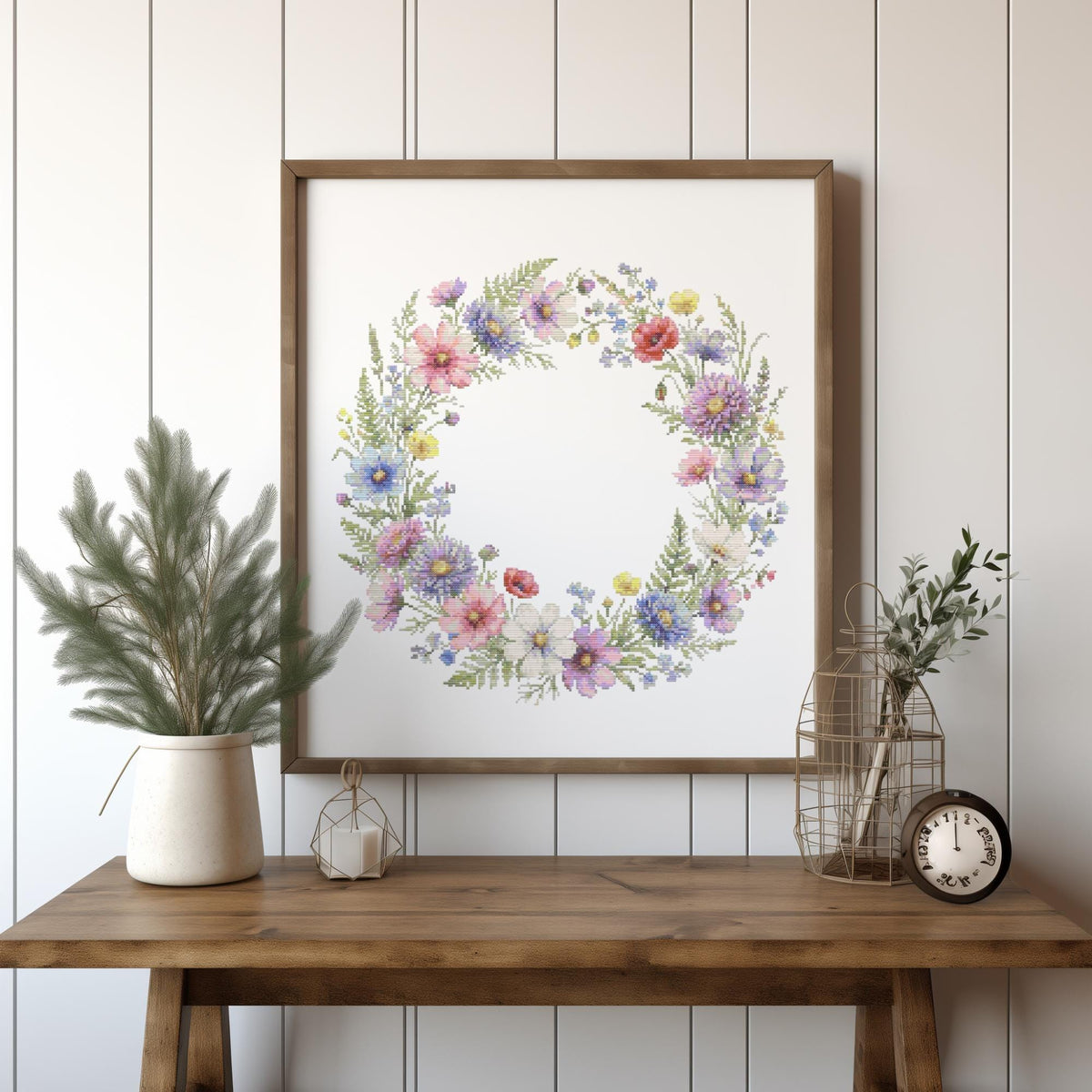 Cross Stitch Pattern With Floral Wreath, Counted Cross Stitch, Watercolor Embroidery PDF, Wildflower Cross Stitch Chart, Mother's Day Gift