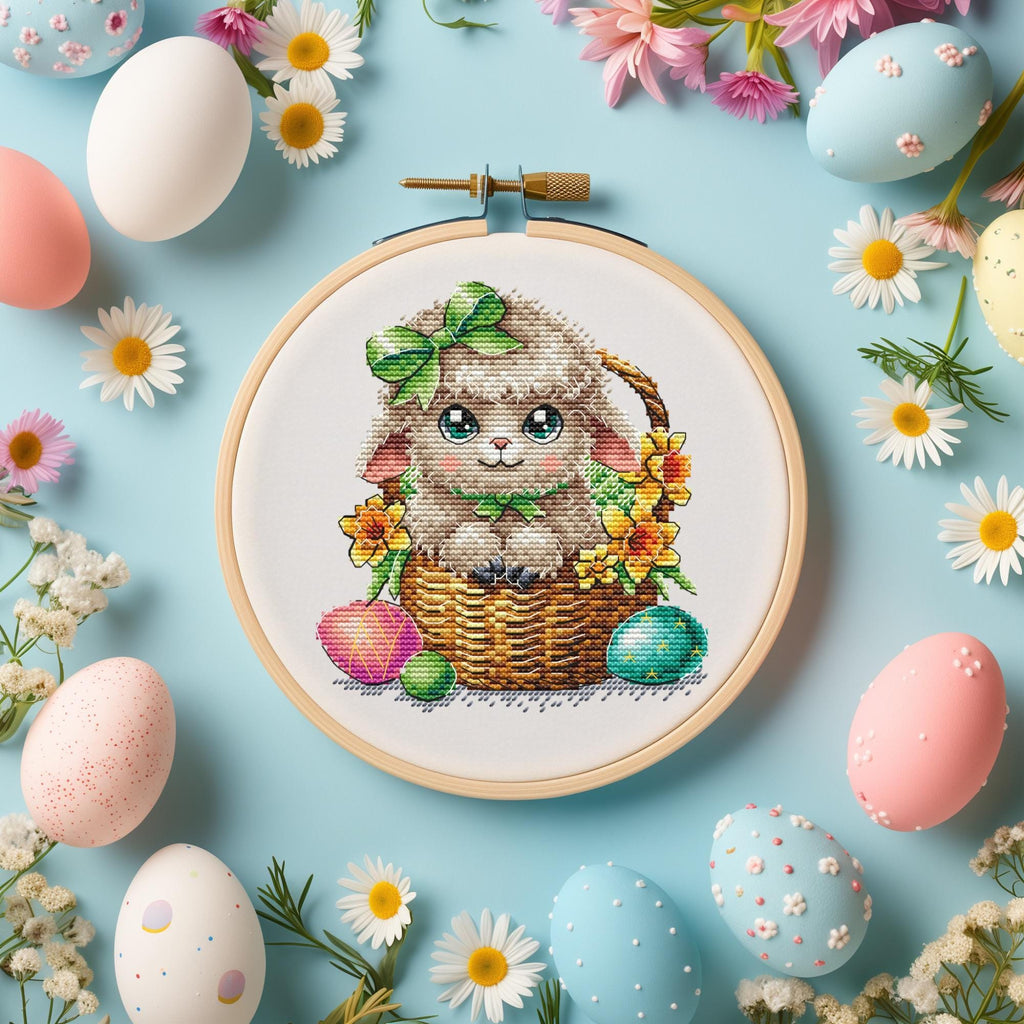 Easter Cross Stitch Pattern PDF With Cute Lamb, Easter Embroidery Designs, Spring Cross Stitch Charts, Beginner Friendly, Saga File