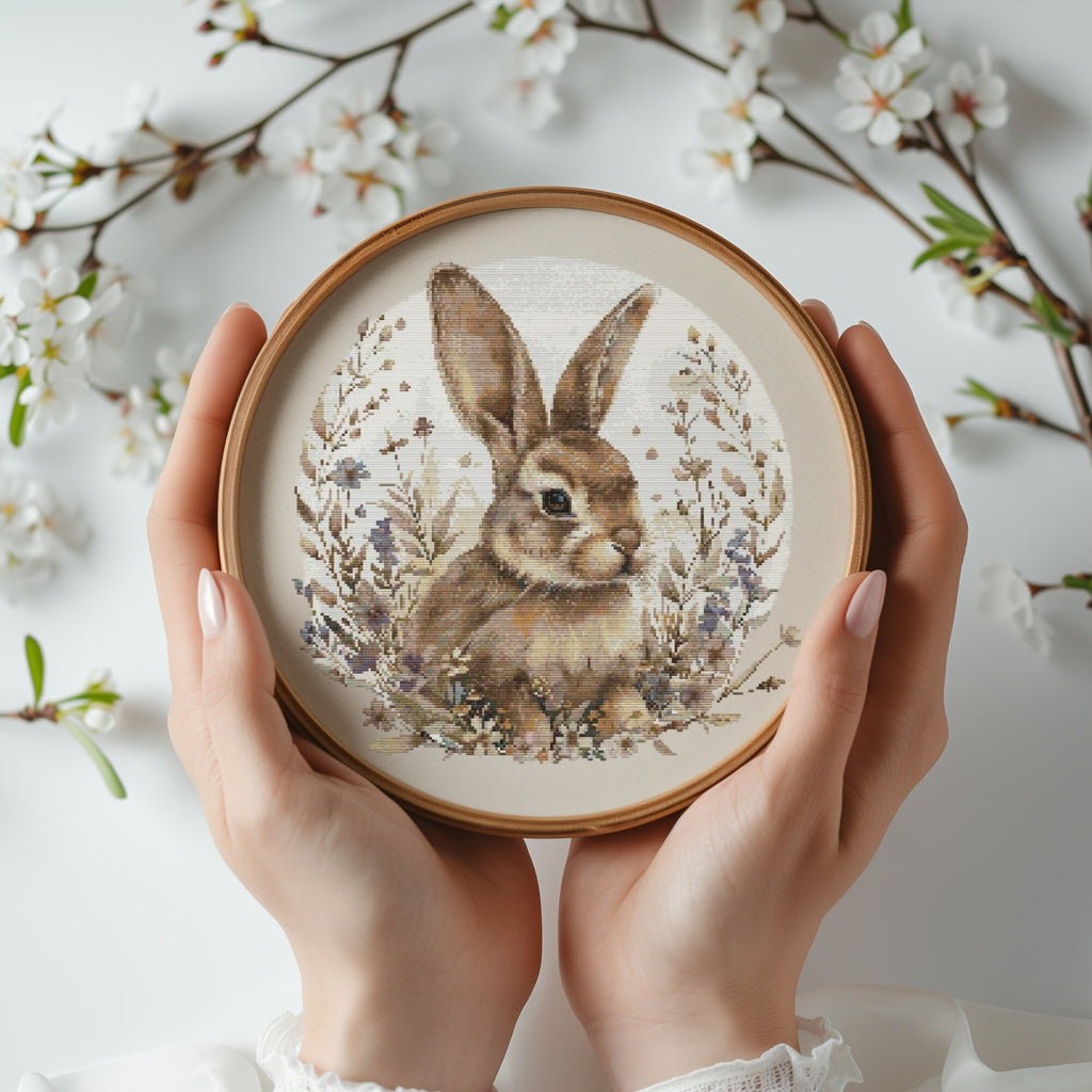 Cross Stitch Pattern With Easter Bunny, Modern Cross Stitch Designs, Easter Embroidery Pattern, Spring Cross Stitch Pattern, Floral Pattern