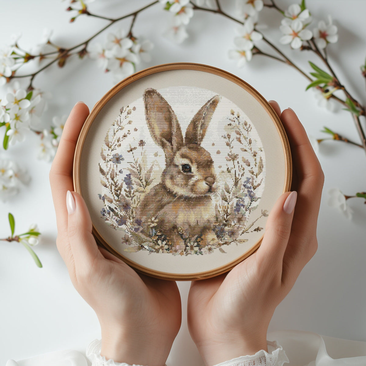 Cross Stitch Pattern With Easter Bunny, Modern Cross Stitch Designs, Easter Embroidery Pattern, Spring Cross Stitch Pattern, Floral Pattern