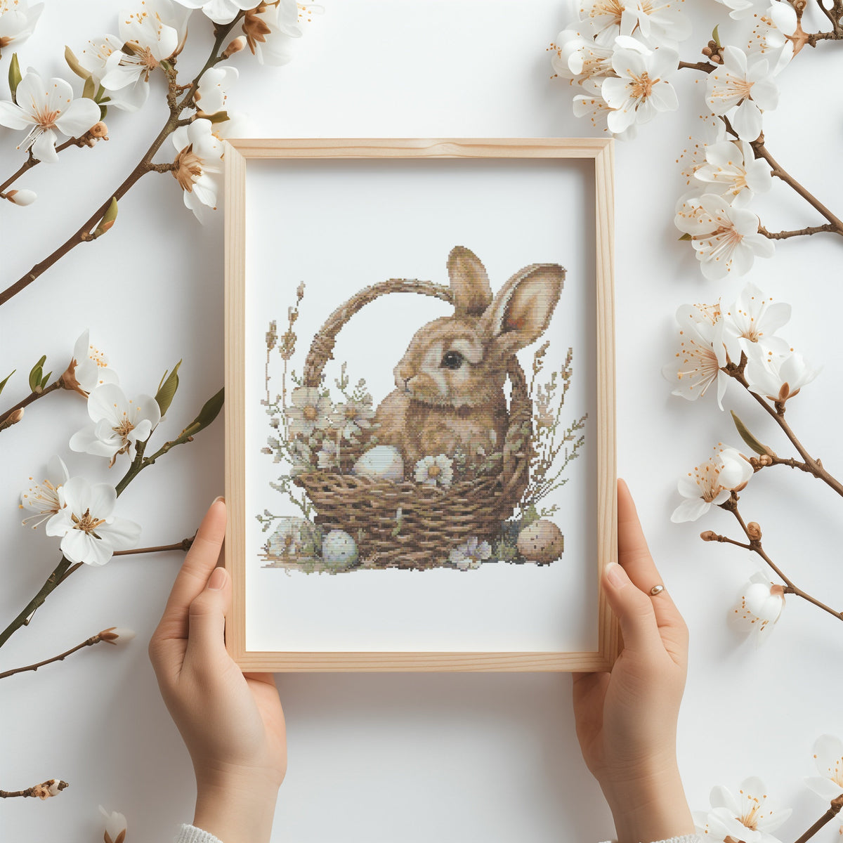 Cross Stitch Pattern With Easter Bunny, Modern Cross Stitch Designs, Easter Embroidery Pattern, Spring Cross Stitch Pattern, Floral Pattern